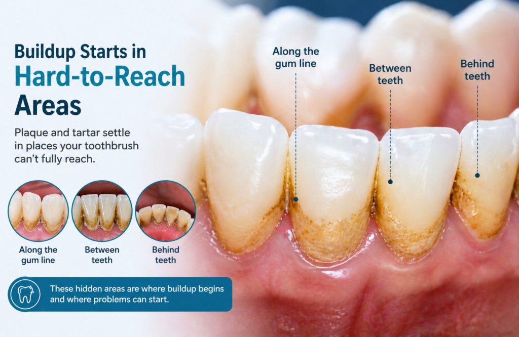 Plaque Buildup starts in the areas brushing doesn’t fully reach