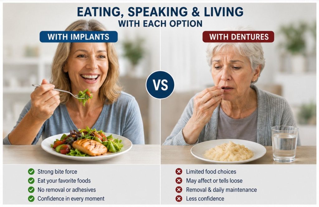 eating speaking and living with dental implant and denture